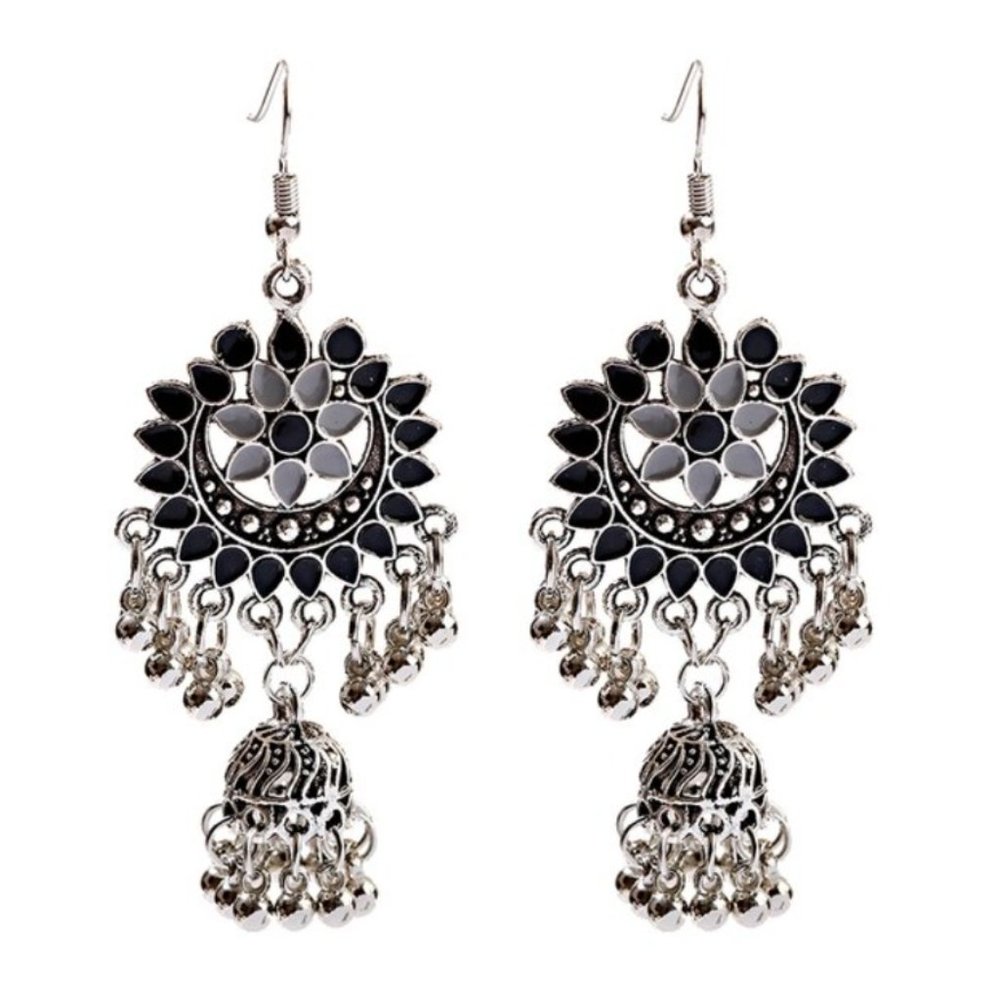 Rajasthani enamel black + silver dangling earrings meenakari minakari Indian NWT